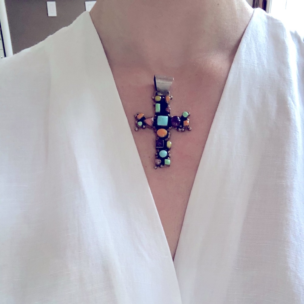 Mexican Silver cross with colorful stones 💗